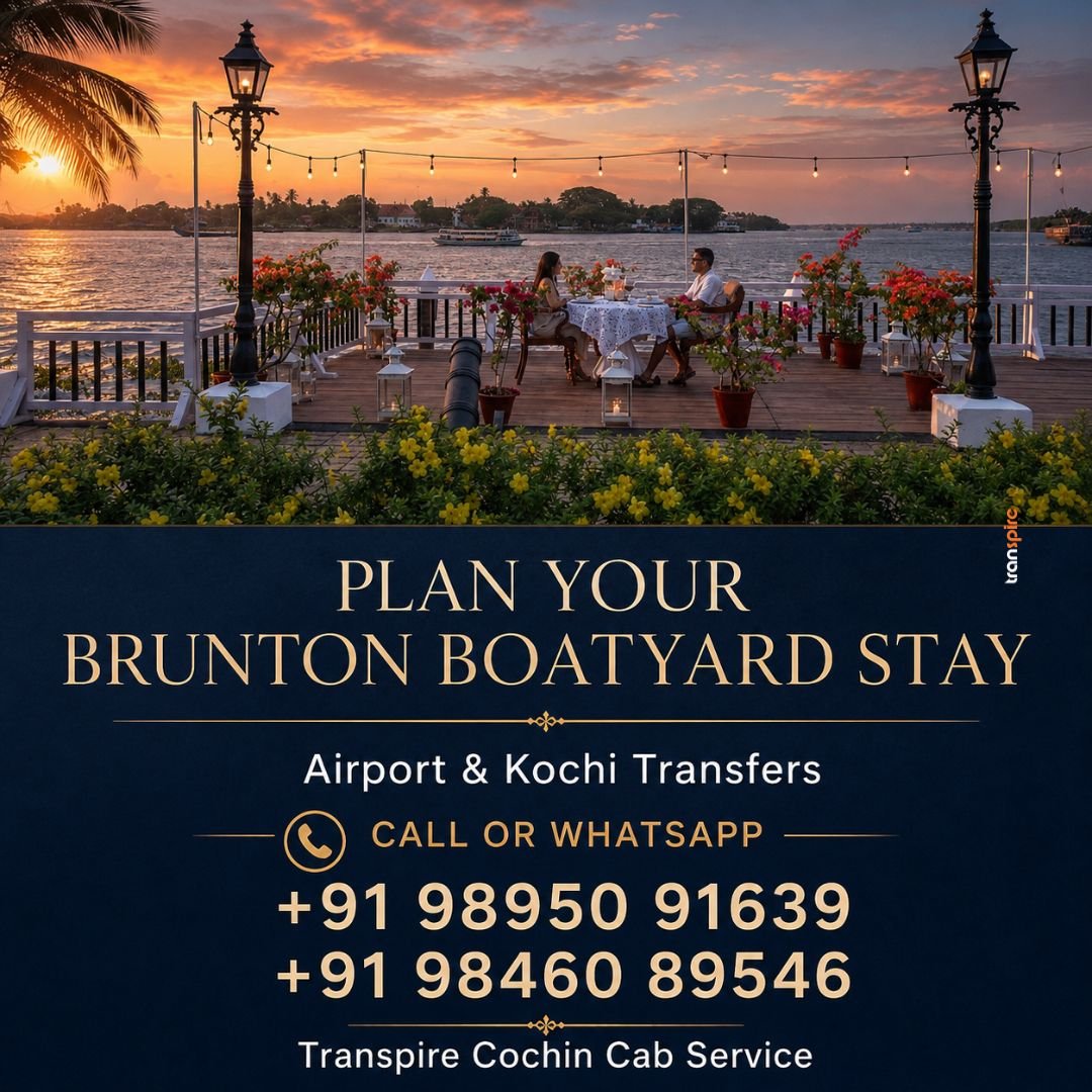 Brunton Boatyard CGH Earth 10 Sunset seaside dining on a wooden deck with string lights and two people seated at a table; foreground flowers and a dark blue banner with gold text advertising airport transfers and phone numbers.