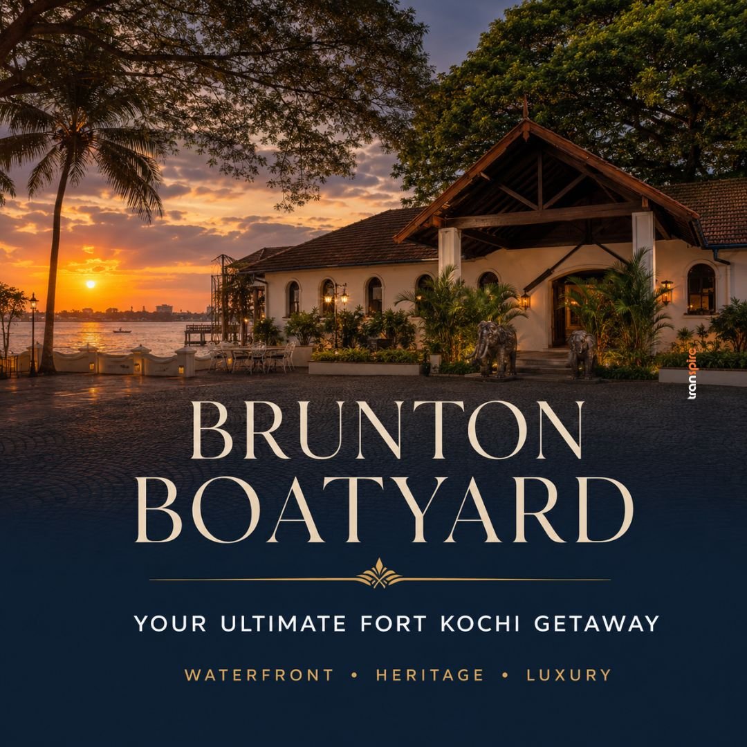 Brunton Boatyard CGH Earth 2 Promotional hero image for Brunton Boatyard: sunset by a waterfront villa with palm trees, highlighting the resort name and Fort Kochi getaway slogan.