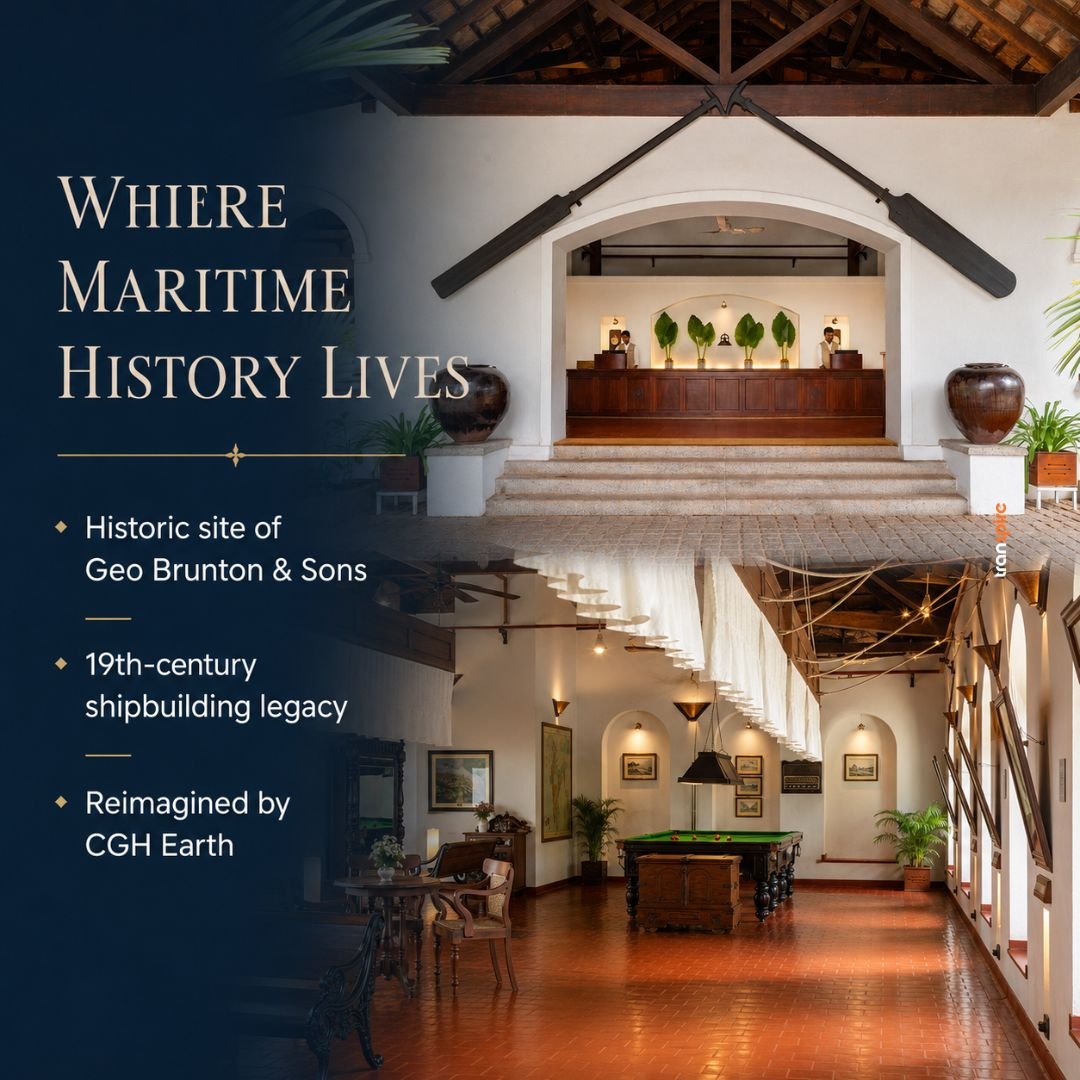 Brunton Boatyard CGH Earth 3 Hero banner showing a historic maritime museum lobby with a dark blue overlay on the left that reads 'Where Maritime History Lives' and bullet points about the site and CGH Earth.