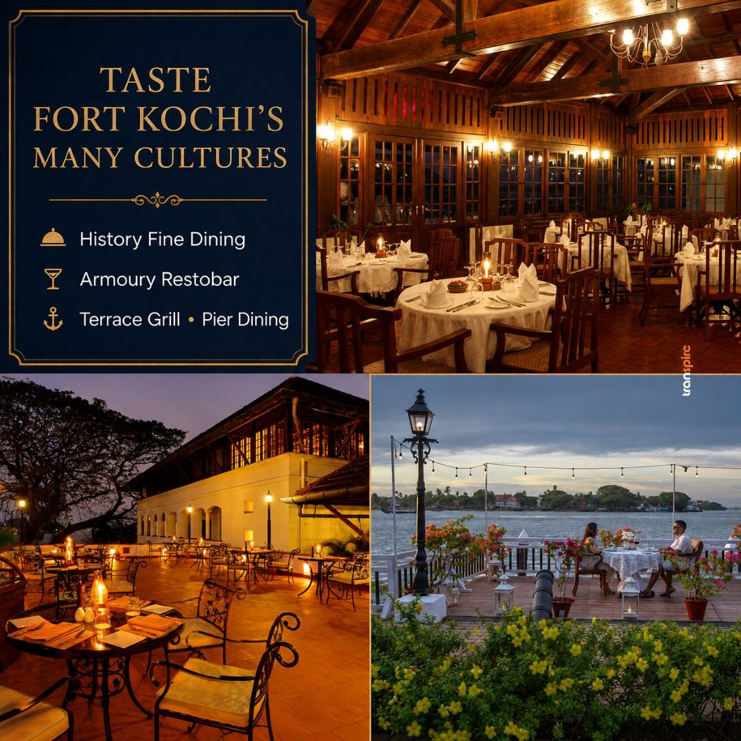 Brunton Boatyard CGH Earth 5 Collage of Fort Kochi restaurants: indoor fine dining, terrace grill, and waterfront pier dining at dusk.