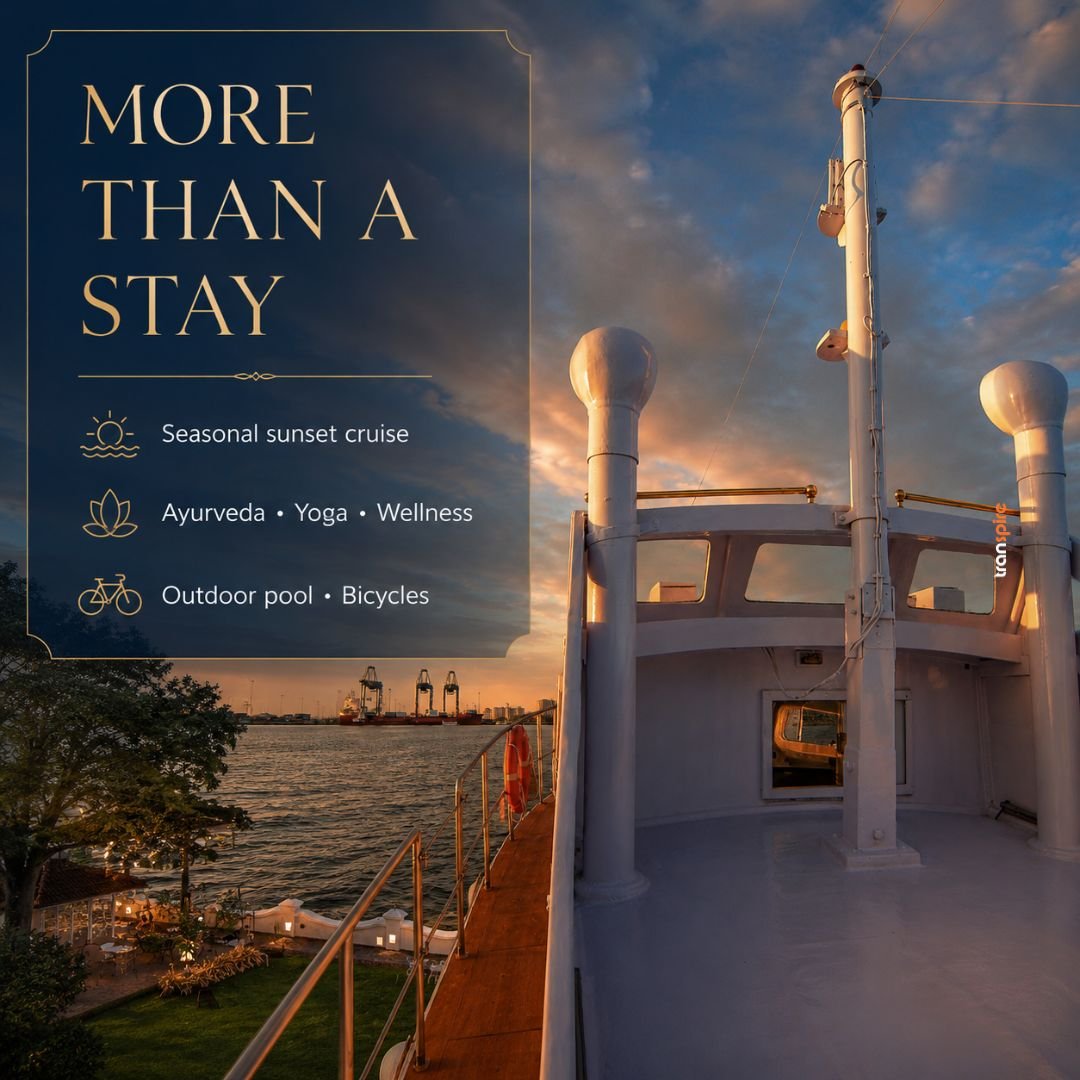 Brunton Boatyard CGH Earth 6 Promotional banner on a yacht:'MORE THAN A STAY' with sunset cruise, wellness offerings, and outdoor activities.