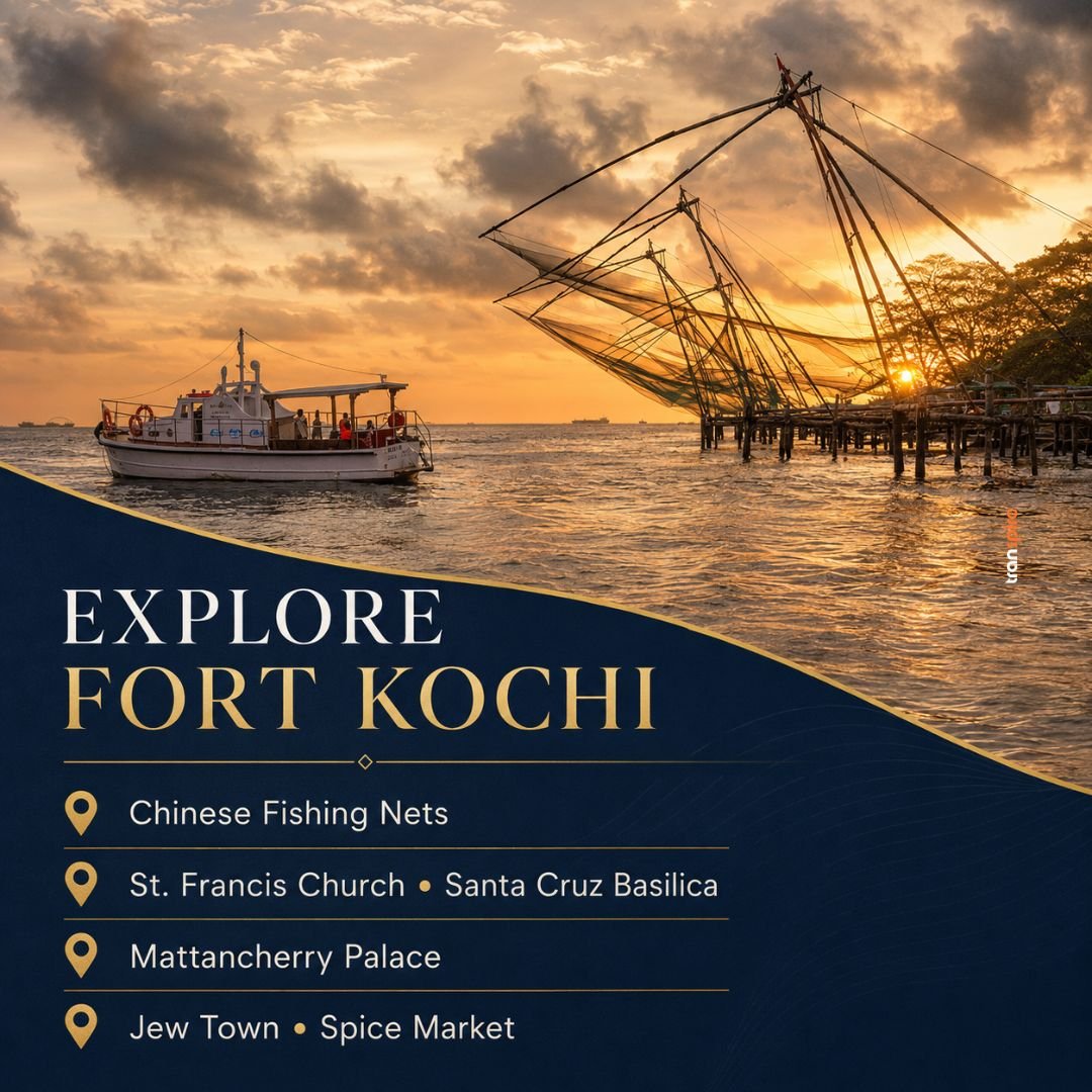 Brunton Boatyard CGH Earth 7 Fort Kochi travel poster at sunset showing a boat by Chinese fishing nets; blue curved panel lists attractions: Chinese Fishing Nets, St. Francis Church, Santa Cruz Basilica, Mattancherry Palace, Jew Town, Spice Market.