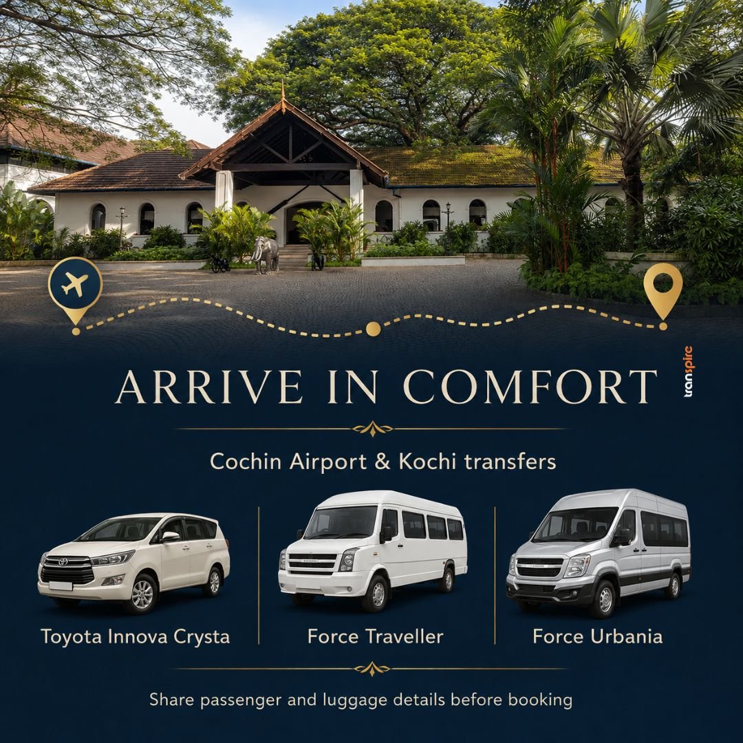 Brunton Boatyard CGH Earth 8 Advertisement for Cochin Airport transfers showing three white vans and the headline 'Arrive in Comfort'.