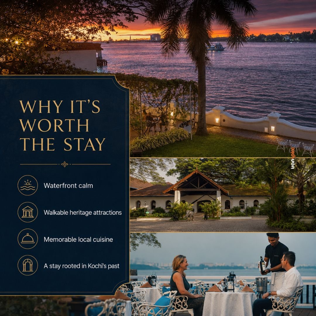 Brunton Boatyard CGH Earth 9 Promotional collage for a coastal hotel: dark blue panel with ‘Why it’s worth the stay’ and four icons listing waterfront calm, heritage attractions, local cuisine, Kochi past; seaside dining scenes.