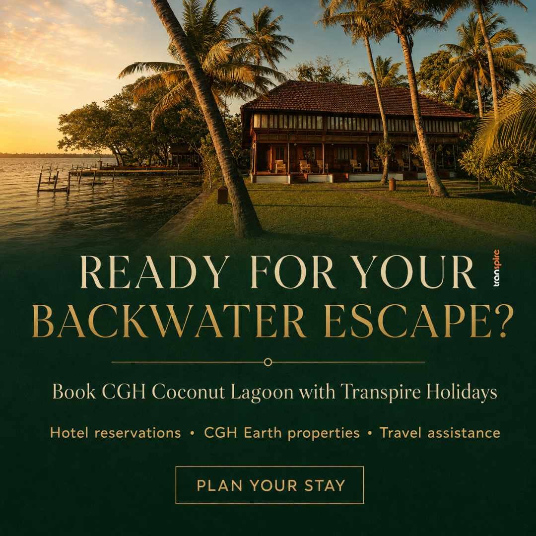 our Dream Backwater Escape Awaits Sunset at Coconut Lagoon CGH Earth Resort with palm trees and a thatched building by the water; bold gold text promotes a CGH Coconut Lagoon backwater escape and booking offer.