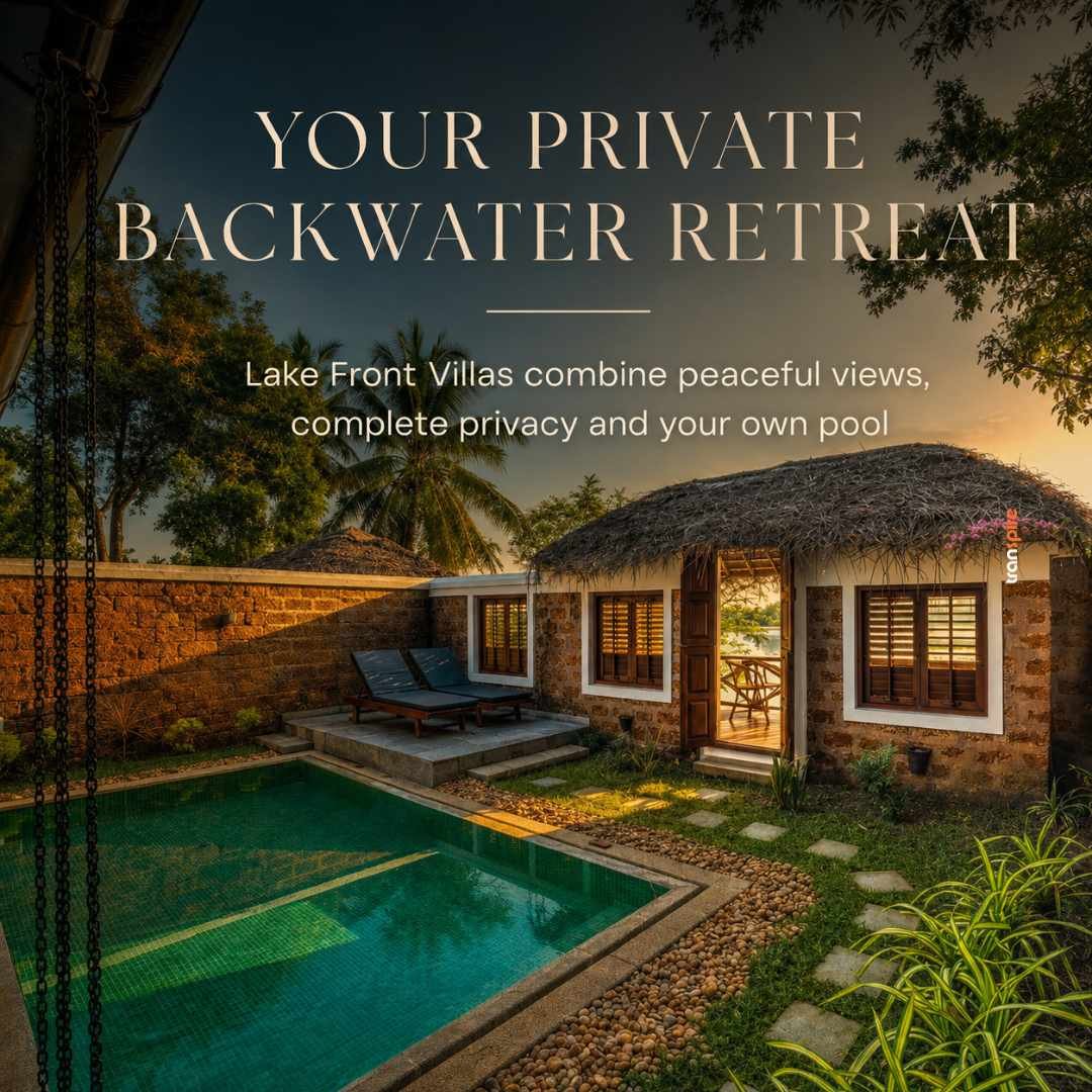 Private Luxury Beside the Backwaters Coconut Lagoon CGH Earth Resort Private villa with a rectangular pool, thatched-roof cottage, stone wall, and lounge chairs at sunset in a tropical backyard retreat.