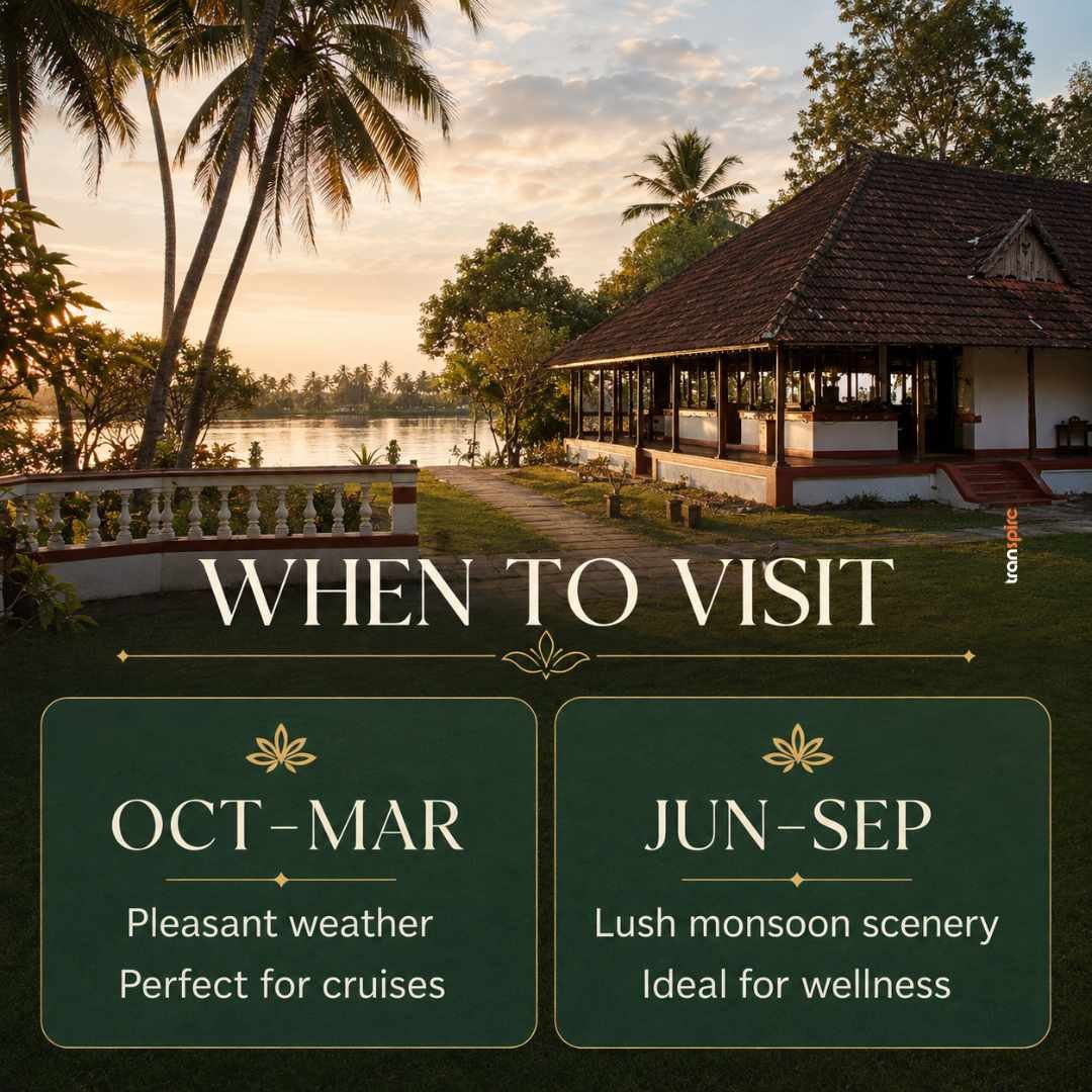 Every Season Brings New Beauty Sunset view of a lakeside resort with palm trees and a thatched pavilion, advertising when to visit with two green panels showing Oct-Mar and Jun-Sep tips for travel wellness and cruises.