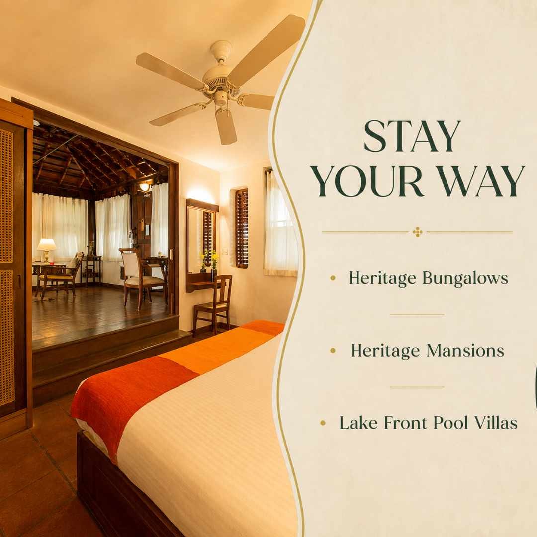 Heritage Comfort Designed for You Coconut Lagoon CGH Earth Resort bedroom with an orange-accent bed, open doorway to a living area, beside a large sign that says 'STAY YOUR WAY' and lists Heritage Bungalows, Mansions, and Lake Front Pool Villas