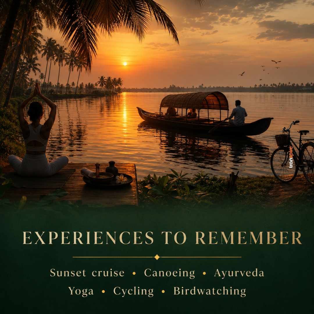 Unforgettable Moments by the Lake Sunset over a calm river with a thatched boat and rower; a yogi sits on a dock among palm trees, with a bicycle on the shore nearby.