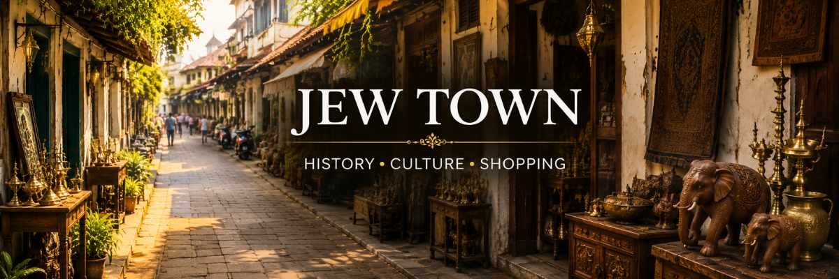 Sunlit street in Jew Town lined with brassware shops and market stalls, evoking history, culture, and shopping.