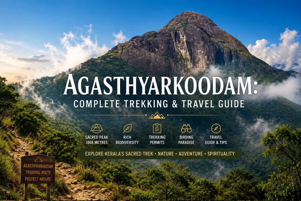 Agasthyarkoodam trekking peak in Kerala with lush forests, mist-covered mountains, scenic trail, and complete trekking travel guide banner.