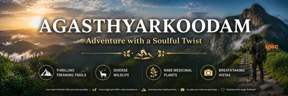 Banner for Agastyarkoodam featuring a hiker on a mountain ridge at sunrise; large title 'AGASTHYARKOODAM' with the subtitle 'Adventure with a Soulful Twist'; four circular icons labeled 'Thrilling Trekking Trails', 'Diverse Wildlife', 'Rare Medicinal Plants', and 'Breathtaking Vistas'; Epic logo on the right.