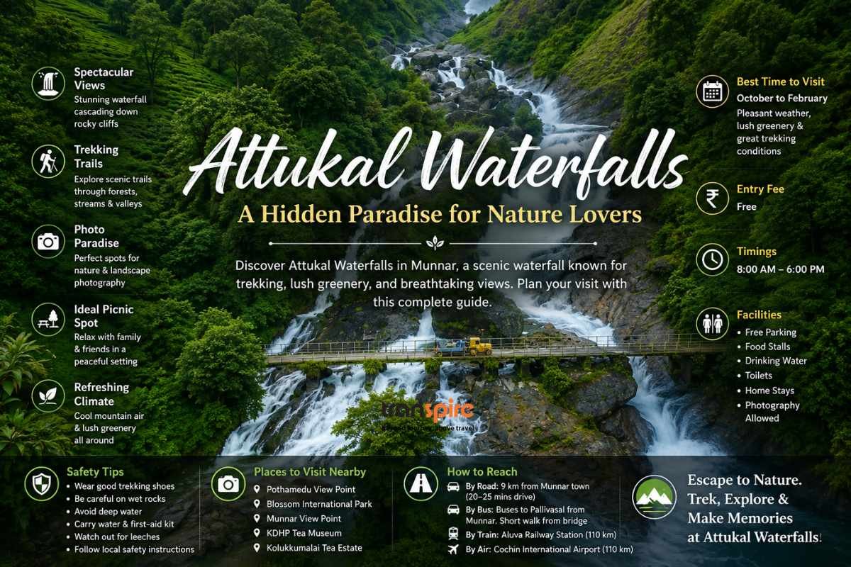 Poster for Attukal Waterfalls: lush green cliffs, waterfall, bridge, and side travel tips paneling the image.