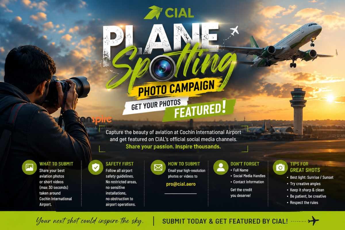 Photographer with a camera capturing a jet taking off at sunset for a Plane Spotting photo campaign poster at the airport.