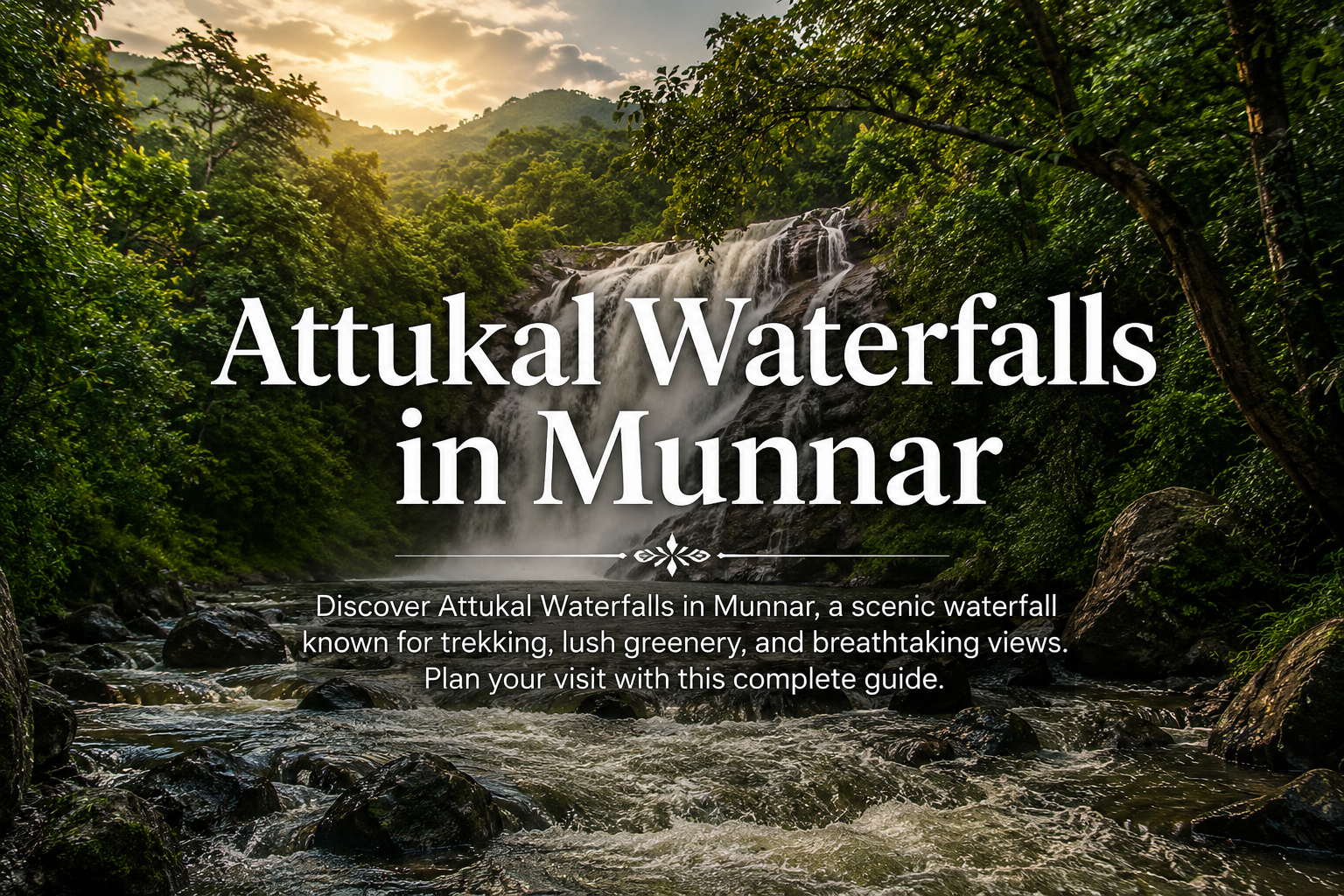 Lush forest waterfall at Attukal Waterfalls, Munnar, with large white title text overlay reading 'Attukal Waterfalls in Munnar'.