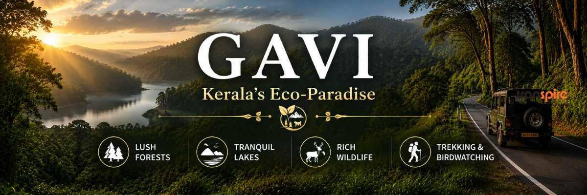 Hero banner for GAVI: Kerala's Eco-Paradise with lush forests, tranquil lakes, wildlife, and trekking highlights along a scenic mountainside road.