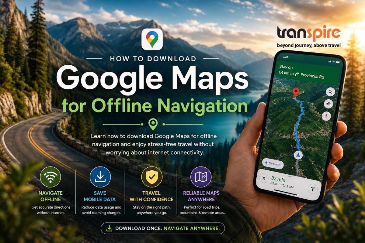 Hand holding a phone showing a Google Maps route for offline navigation against a mountain landscape.