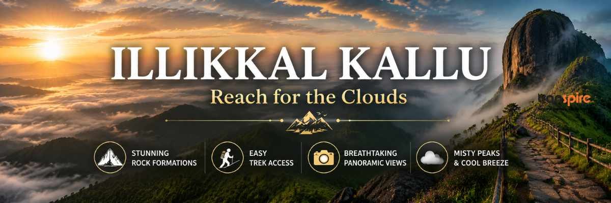 Banner image promoting ILLIKKAL KALLU trek with sunset over mountains and a winding path along a cliffside, inviting exploration of clouds nearby.