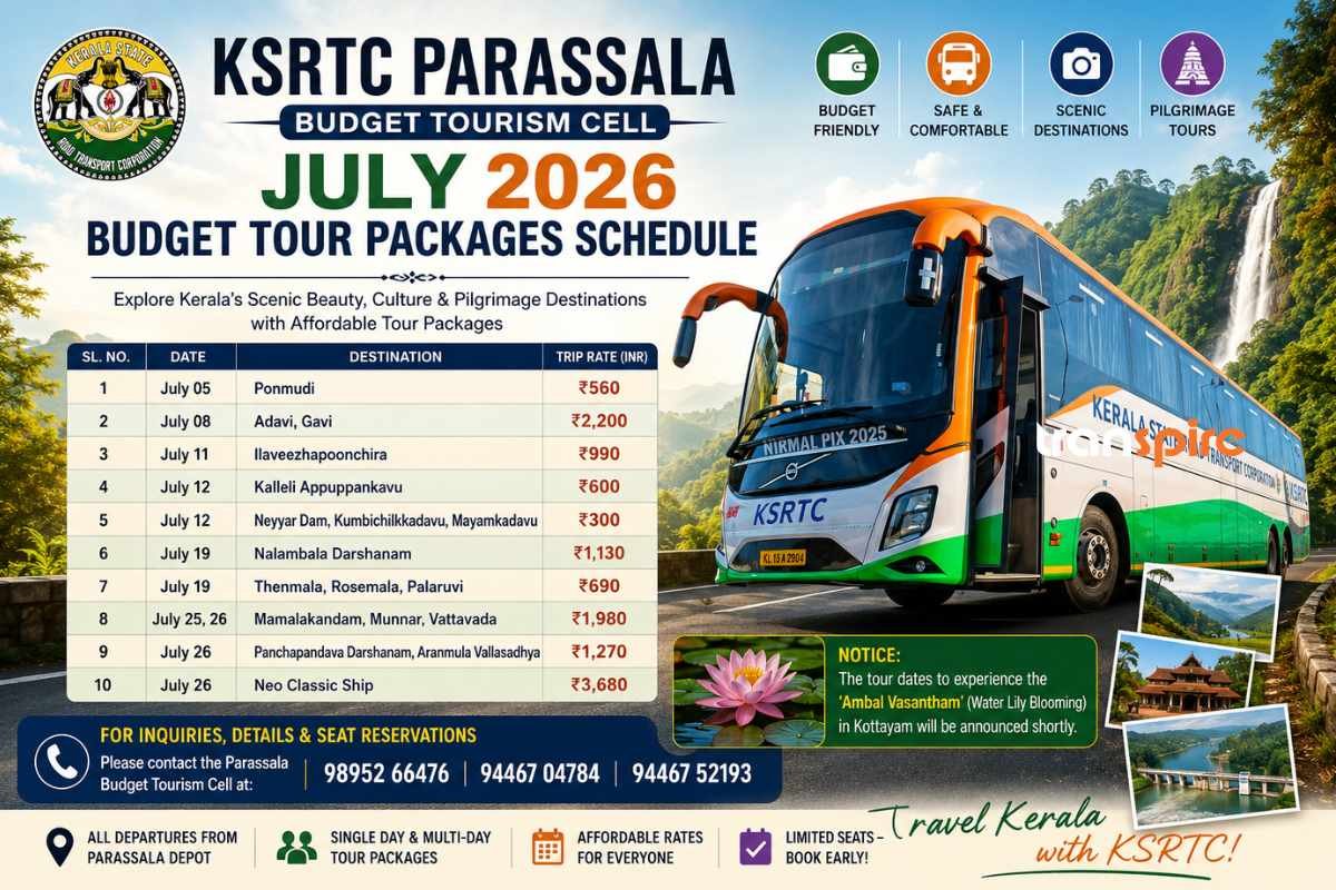 KSRTC Parassala July 2026 Budget Tour Packages Schedule