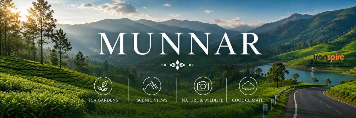 Munnar tourism banner showing lush tea gardens, rolling hills, and a lake with the word MUNNAR and attraction icons below: Tea Gardens, Scenic Views, Nature & Wildlife, Cool Climate.