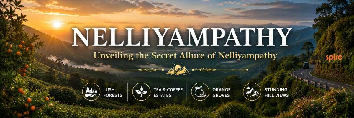 Promotional banner: sunrise over a lush valley with orange trees, displaying 'NELLiyampathy' and subtitle, featuring scenic estates and a winding road on the right.
