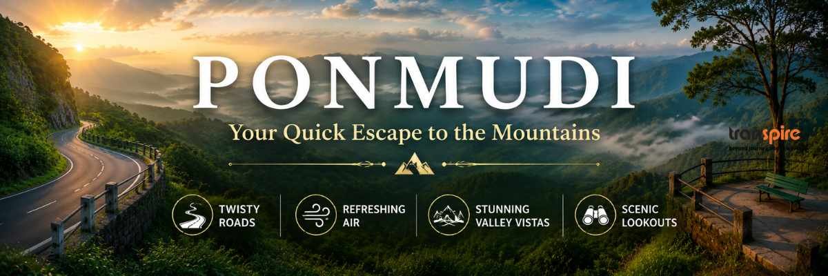 Banner for Ponmudi: winding mountain road at sunrise with the caption 'Ponmudi – Your Quick Escape to the Mountains' and four feature icons.