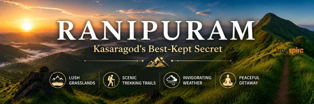 Banner showing sunrise over green Ranipuram hills with the text 'RANIPURAM' and 'Kasaragod's Best-Kept Secret' with four feature icons (lush grasslands, scenic trekking trails, invigorating weather, peaceful getaway)