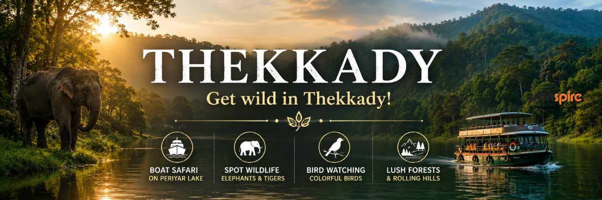 Promotional banner for Thekkady tourism: scenes of a river, elephant by the shore, forested hills, and a tourist boat, highlighting activities like boat safari and wildlife watching at Periyar Lake.