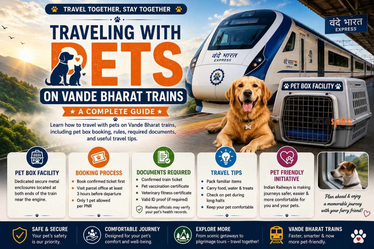 Promotional poster for traveling with pets on Vande Bharat trains, featuring a dog near a blue-and-white train and a pet crate.