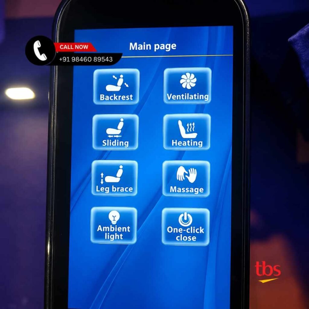 Ultra Luxury Urbania Rental Kochi Main page of a medical device UI showing eight blue tile Ultra Luxury Urbania program buttons: Backrest, Ventilating, Sliding, Heating, Leg brace, Massage, Ambient light, One-click close.