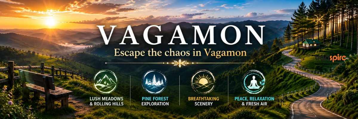 Promotional Vagamon banner—sunlit rolling hills with four icons for meadows, pine forest, scenery, and peace and fresh air within a scenic landscape.