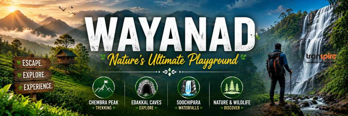 Wayanad banner promoting nature, trekking, caves, waterfalls, and wildlife with a hiker by a waterfall and scenic mountains in the background.