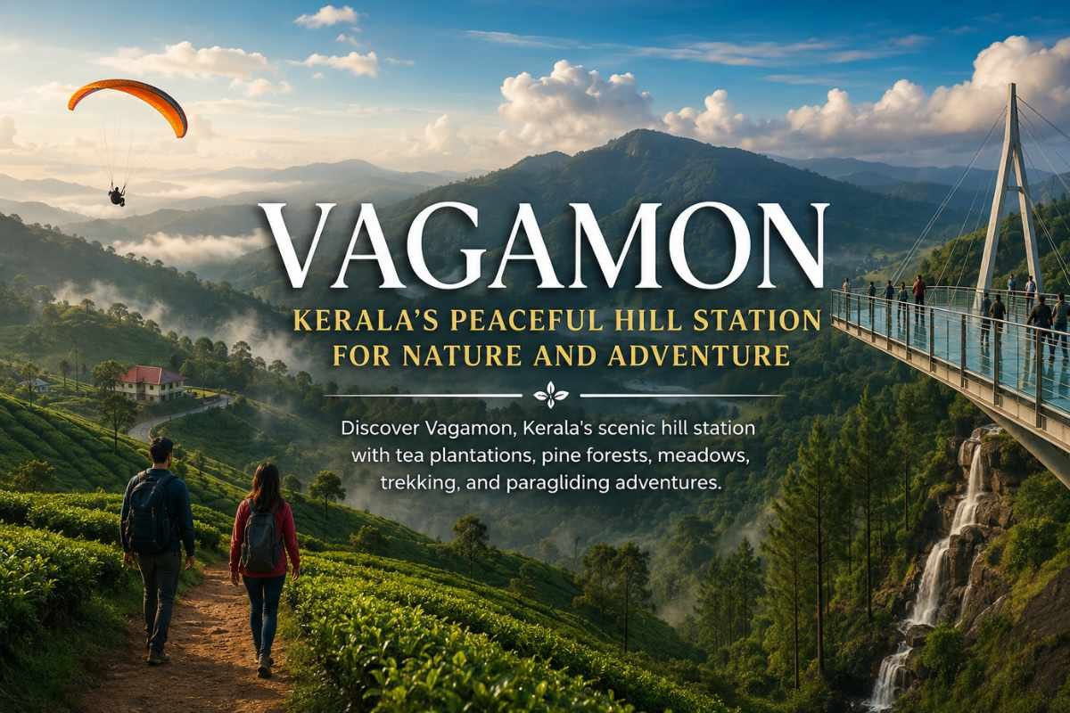 Promotional banner for Vagamon: Kerala's peaceful hill station for nature and adventure, with hikers on tea terraces and a hanging bridge over a valley.