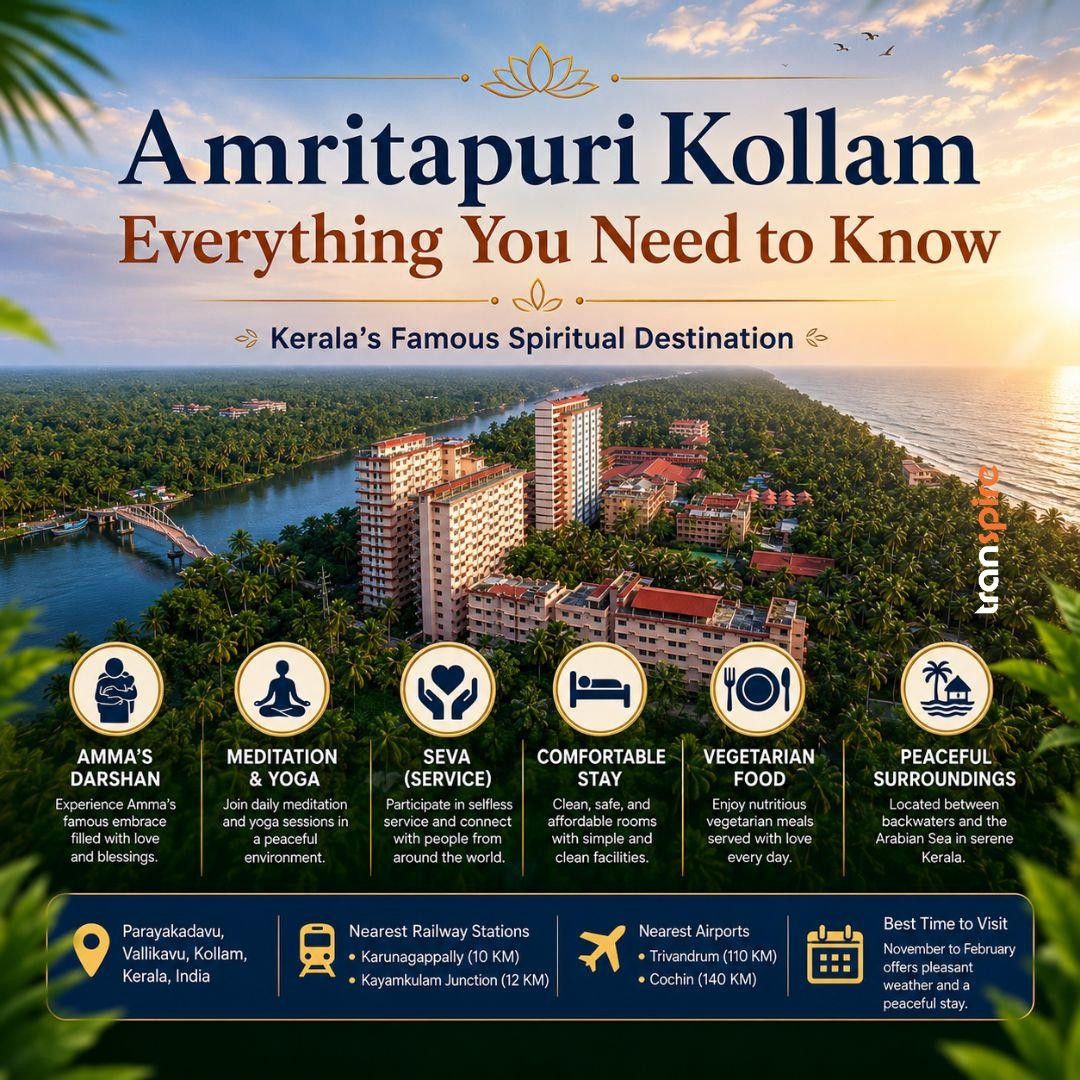 Amritapuri 1 Promotional banner for Amritapuri Kollam: Kerala's famous spiritual destination with icons for darshan, meditation, seva, stay, vegetarian food, and peaceful surroundings.