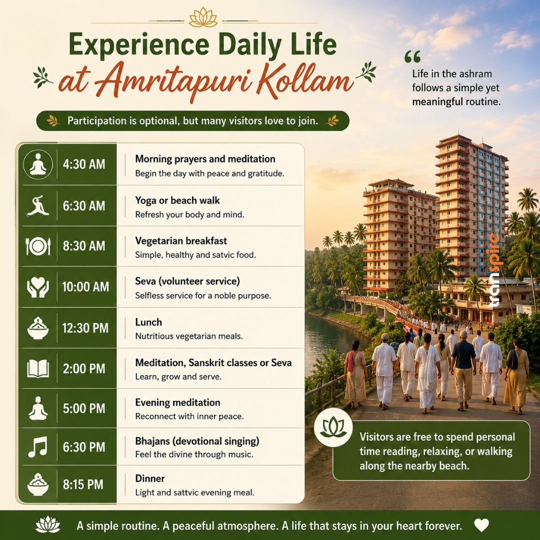 Amritapuri 2 Infographic poster showing a daily schedule at Amritapuri Kollam with times from 4:30 AM to 8:15 PM and activity blocks on the left side.