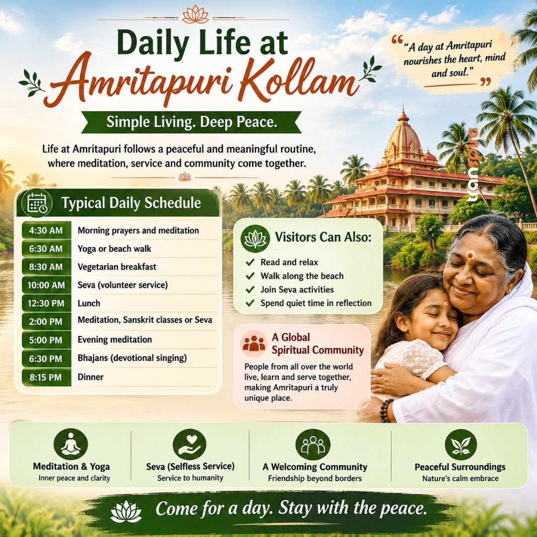 Amritapuri 4 Infographic poster for Daily Life at Amritapuri Kollam with schedule of activities, a temple backdrop, and a woman hugging a child on the right.