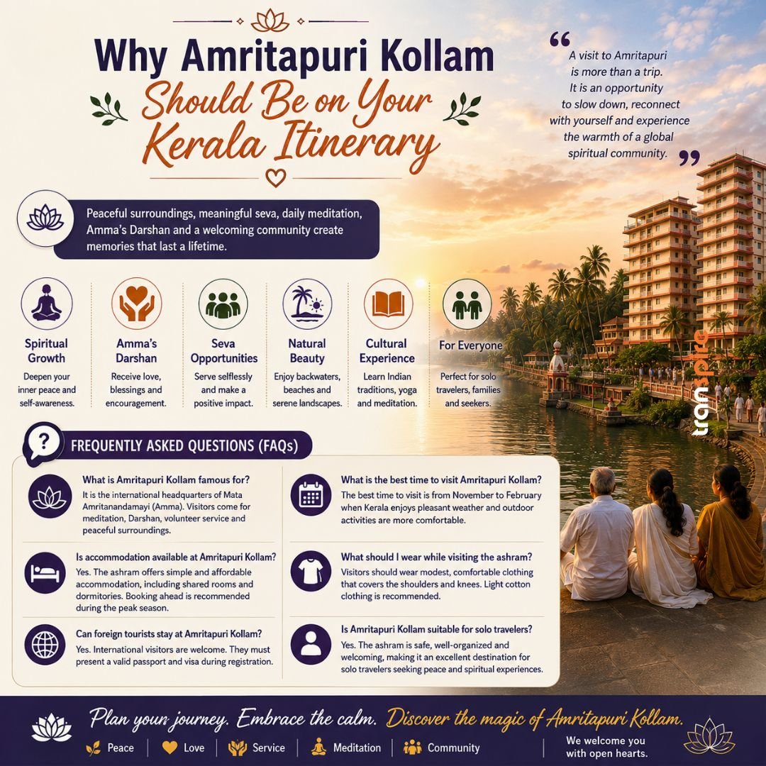 Amritapuri 6 Informational poster promoting Amritapuri Kollam itinerary with a sunset river backdrop, bold title, and icons for Spiritual Growth, Amma's Darshan, Seva Opportunities, Natural Beauty, Cultural Experience, and For Everyone.
