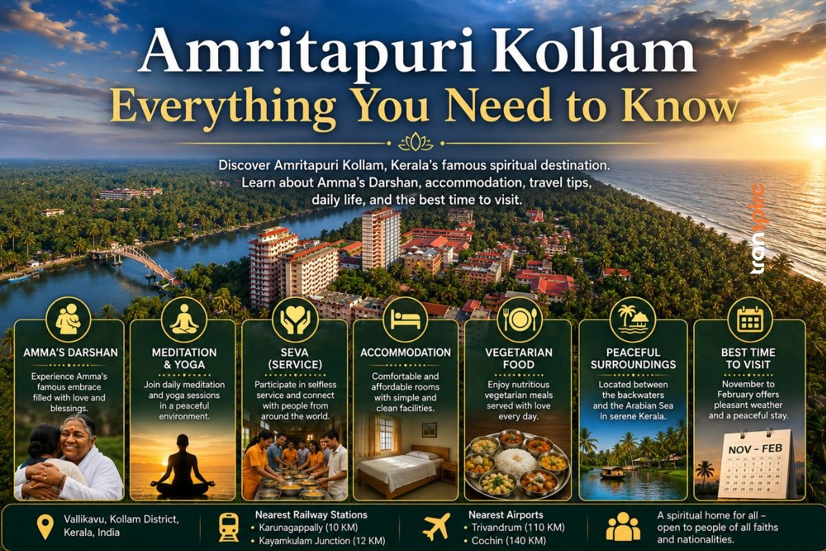 Aerial view of Amritapuri Kollam ashram surrounded by Kerala backwaters and the Arabian Sea.