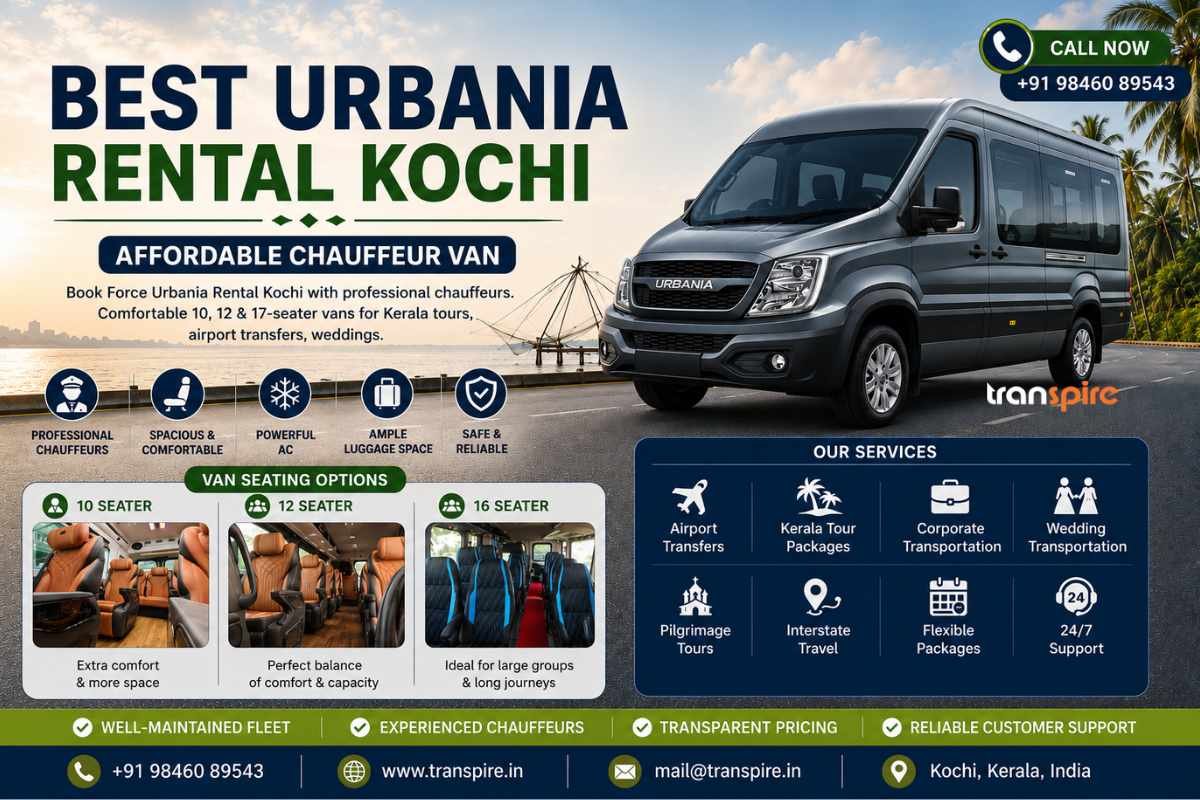 Promotional banner for Urbania rental van in Kochi, featuring a grey passenger van beside a coastal backdrop.