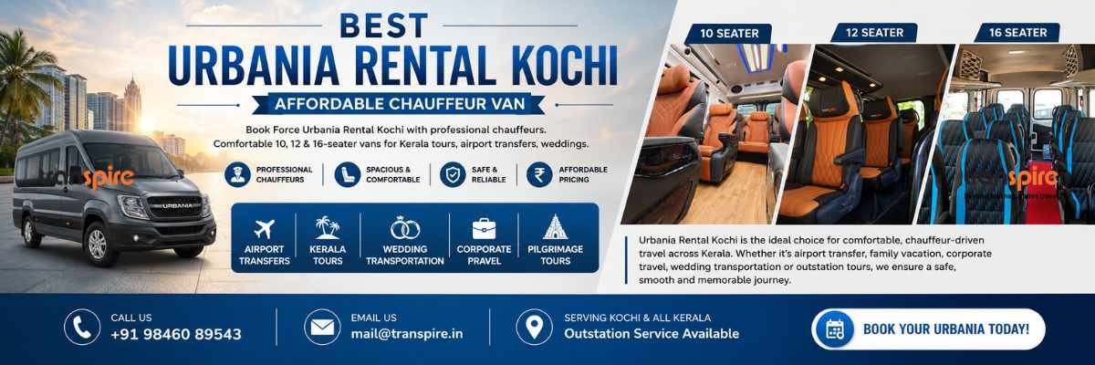 Advertising banner for Urbania Rental Kochi promoting affordable chauffeur vans, with a silver van on the left, interior vehicle photos on the right, and a prominent 'Book Your Urbania Today' CTA. Includes contact info and service icons (airport transfers, tours, weddings, corporate travel).
