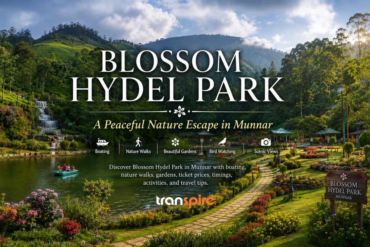 Blossom Hydel Park in Munnar featuring colorful flower gardens, lush green lawns, boating, scenic walking paths, tea plantations, and misty Western Ghats hills under a bright mountain sky.