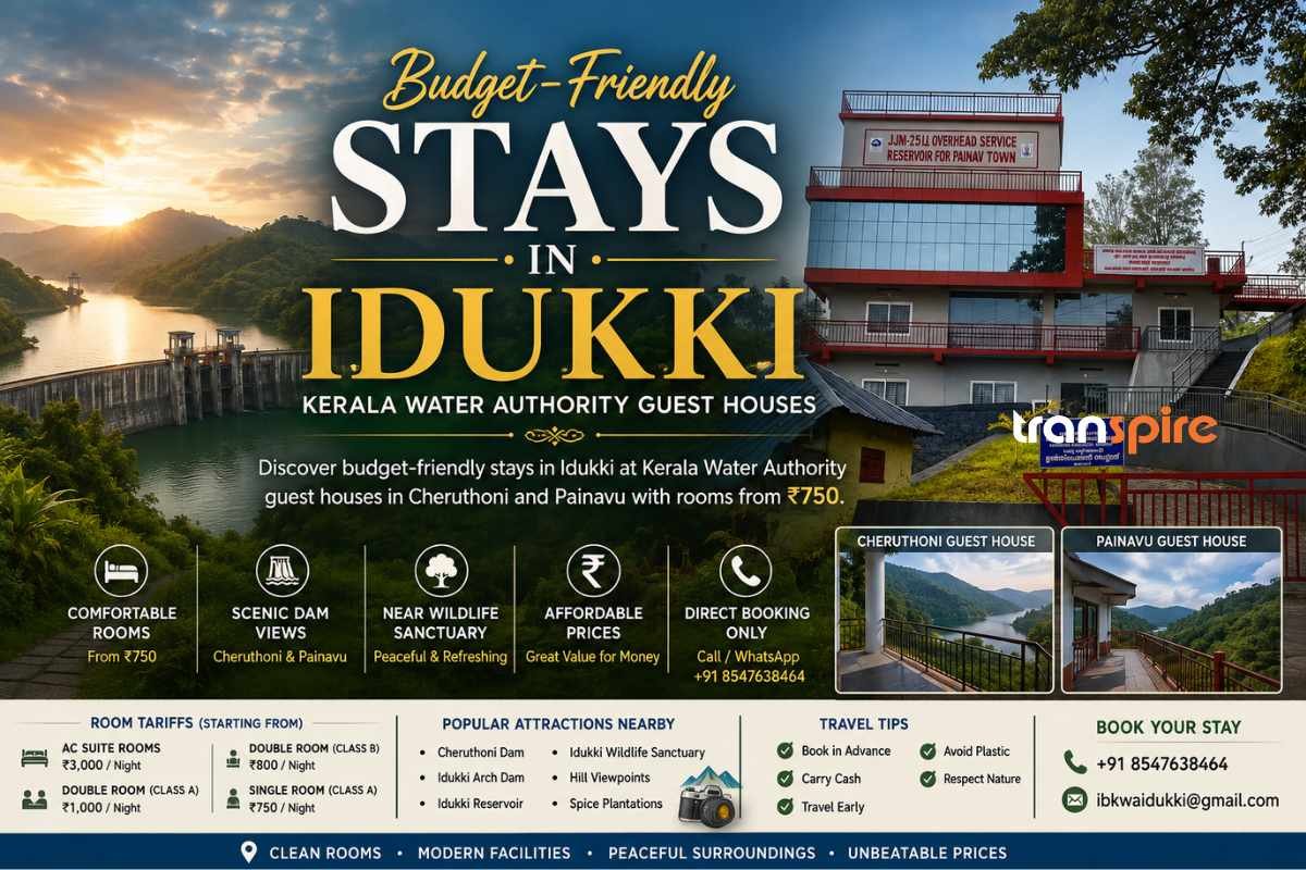 Banner ad for budget-friendly stays in Idukki, Kerala Water Authority guest houses, with dam scenery and booking details.
