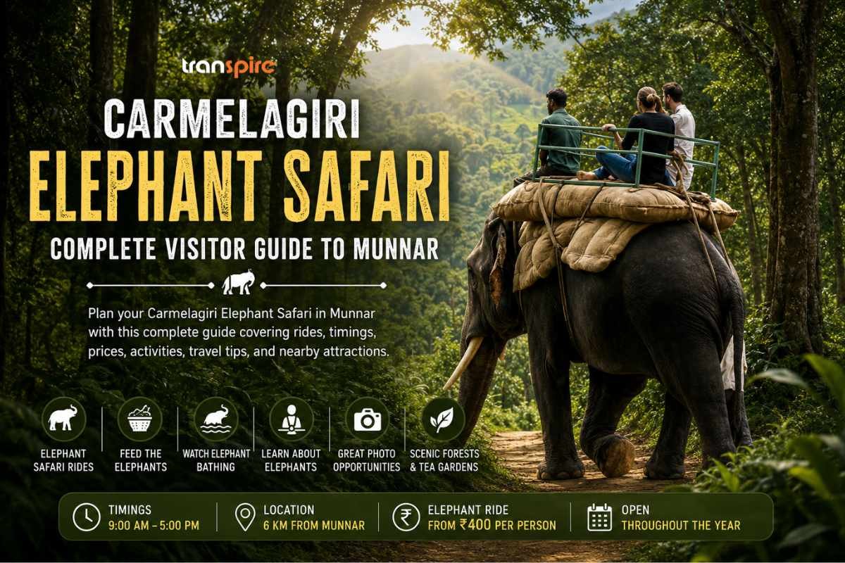 Carmelagiri Elephant Safari in Munnar with visitors enjoying an elephant ride through a lush forest, featuring tea plantations, safari activities, timings, ticket information, and travel tips in Kerala.