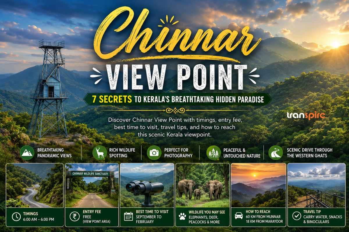 Banner for Chinnar View Point showing lush Kerala hills and a lookout tower with the headline 'Chinnar View Point' and '7 Secrets to Kerala's Hidden Paradise'.