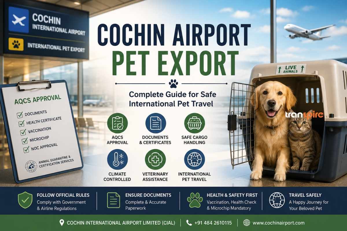 Poster for Cochin International Airport pet export with dog and cat in a crate and a checklist of requirements at left.