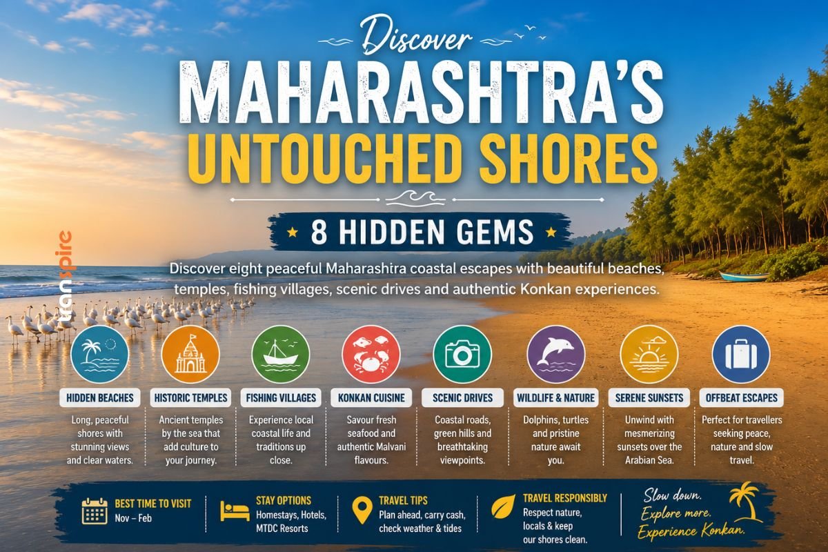 Infographic poster promoting eight coastal experiences in Maharashtra: Hidden Beaches, Historic Temples, Fishing Villages, Konkan Cuisine, Scenic Drives, Wildlife & Nature, Serene Sunsets, Offbeat Escapes, with a coastal beach scene in the background.
