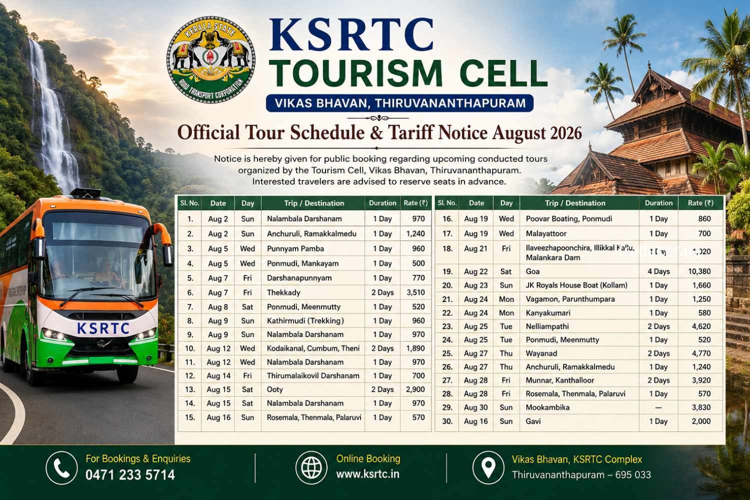 KSRTC Budget Tourism Cell August 2026 Tour Schedule