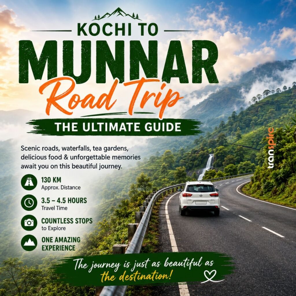 Kochi To Munnar Road Trip 1 Kochi to Munnar Road Trip poster: white SUV on a winding mountain road with lush green hills and a sunrise behind.