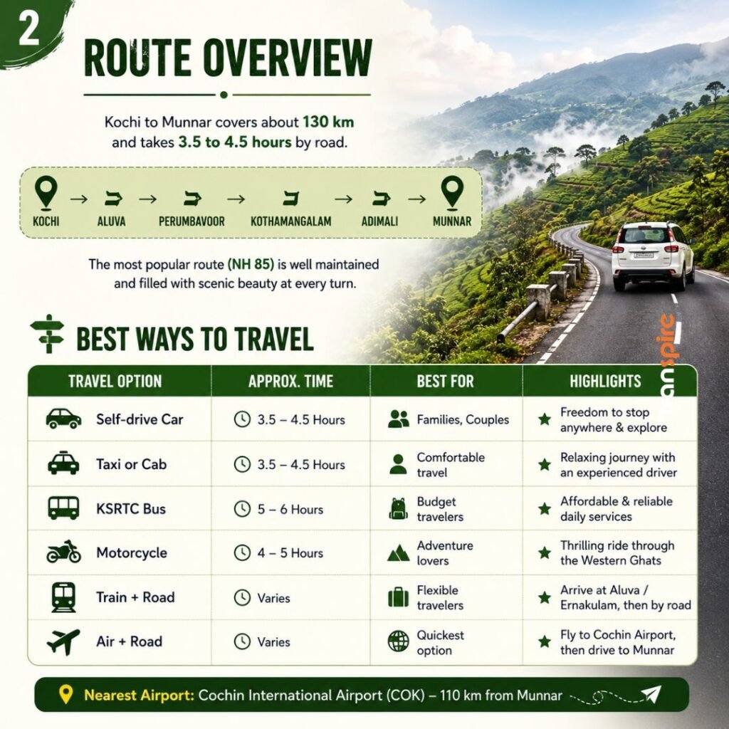 Kochi To Munnar Road Trip 2 Route overview infographic: Kochi to Munnar route with several towns and a car on a winding mountain road in the background, plus travel tips below.