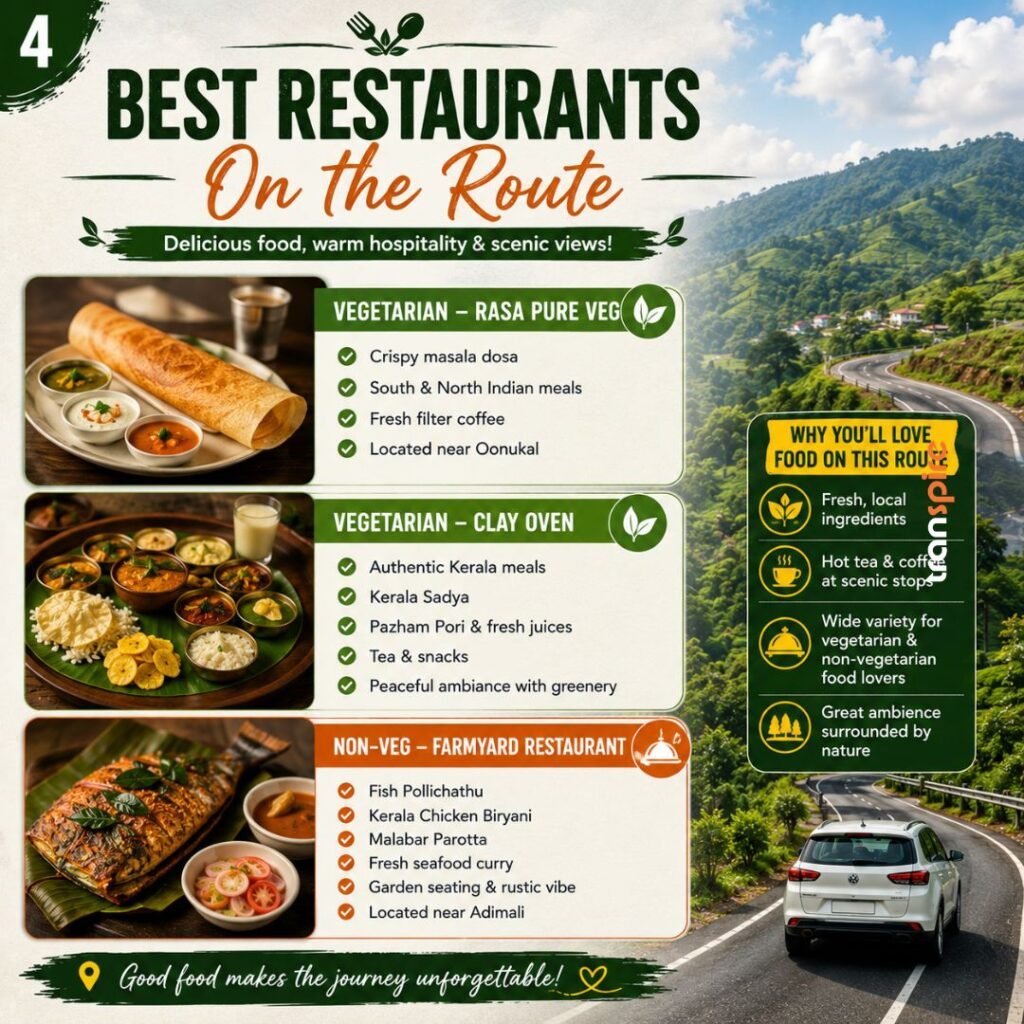 Kochi To Munnar Road Trip 4 Infographic titled Best Restaurants On the Route showing three restaurant options with photos, checklists, and icons over a roadside landscape.